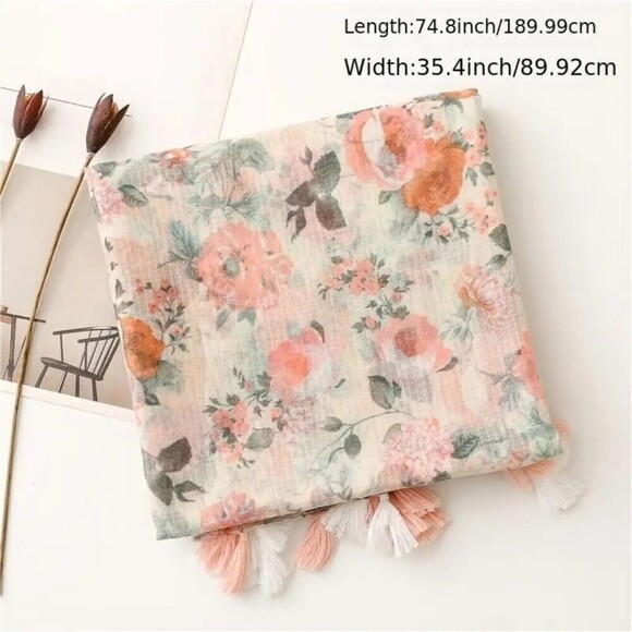 Floral scarf sheer tassel pink ivory wrap cover up Bohemian accessory - Picture 3 of 7